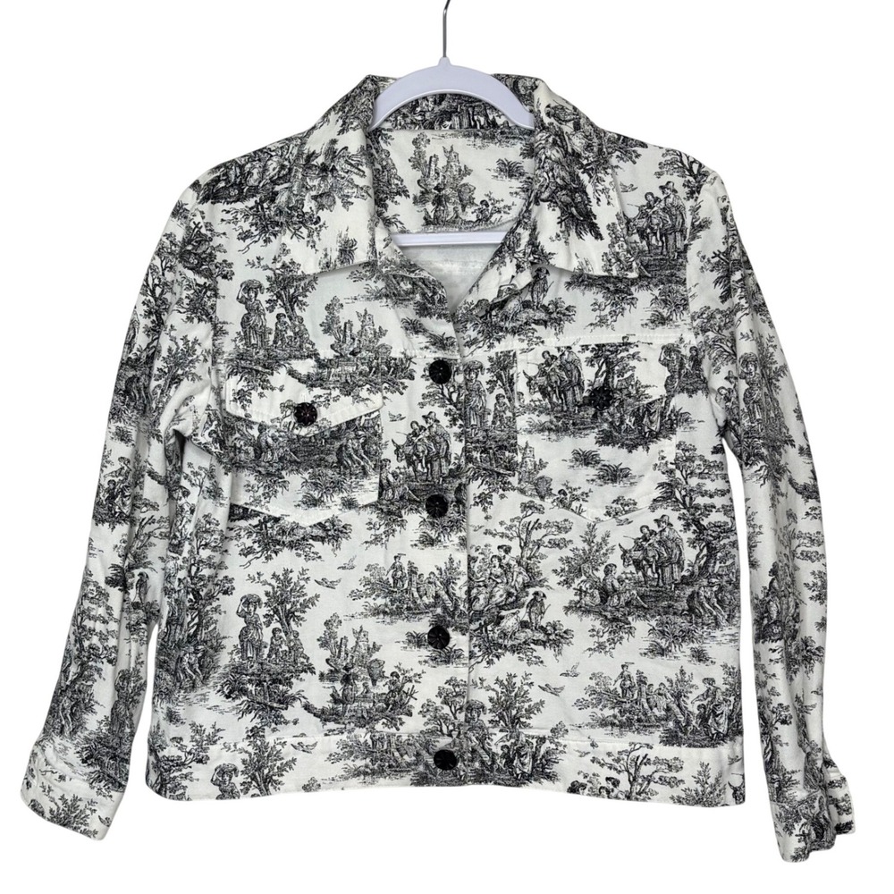 Toile de Jouy Denim Jacket Cottagecore Baroque French Pastoral Print White S